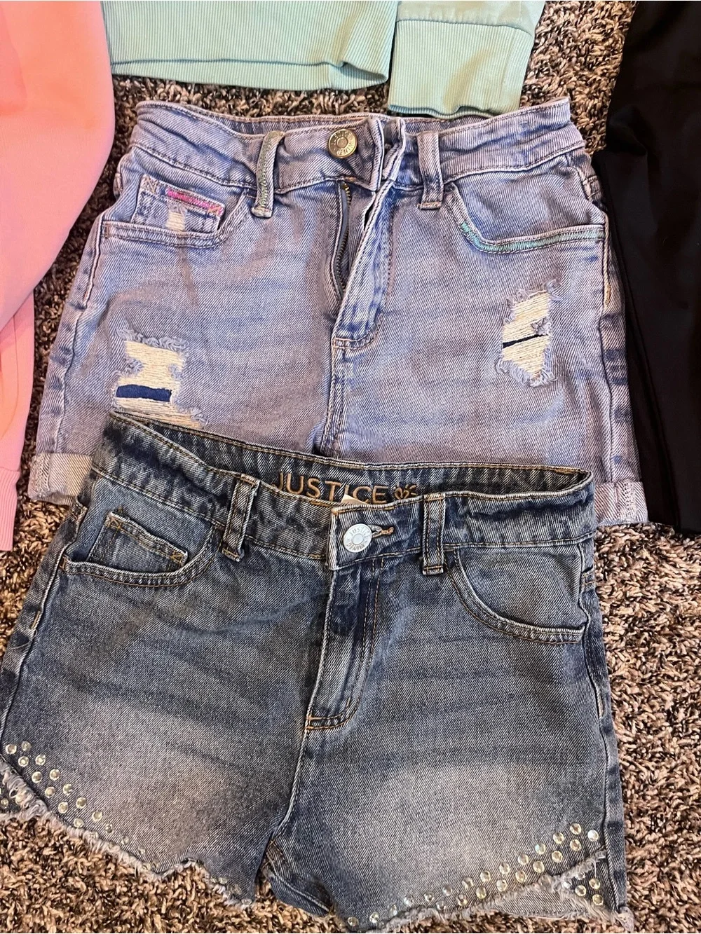 Justice Girls Light Blue Distressed Denim Skirt and Dark Wash Studded Shorts